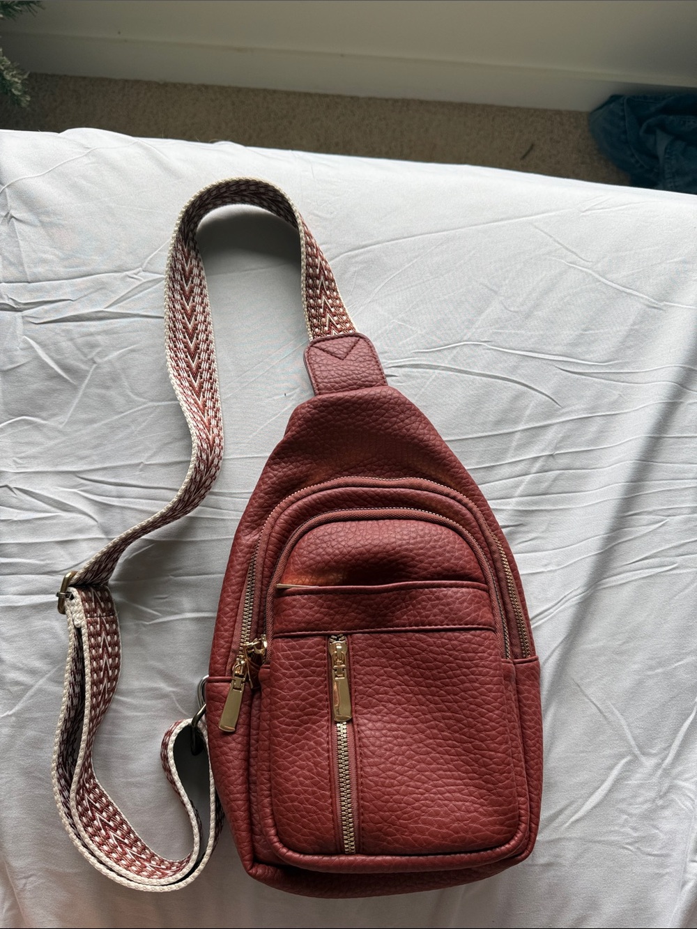 Men’s Red Leather Crossbody Sling Bag with Woven Strap